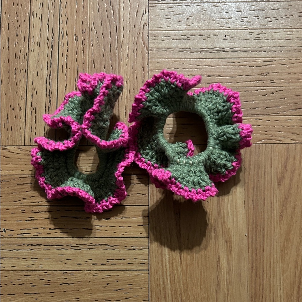 Pink and Green Crochet Hair Scrunchies